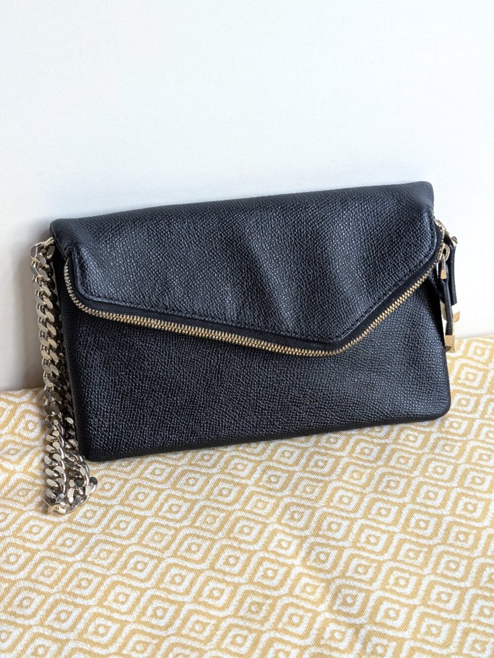 Henri Bendel Small Black Asymmetrical Envelope Flap Clutch With Gold Chain